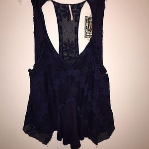 Free people navy tank with lace overlay
